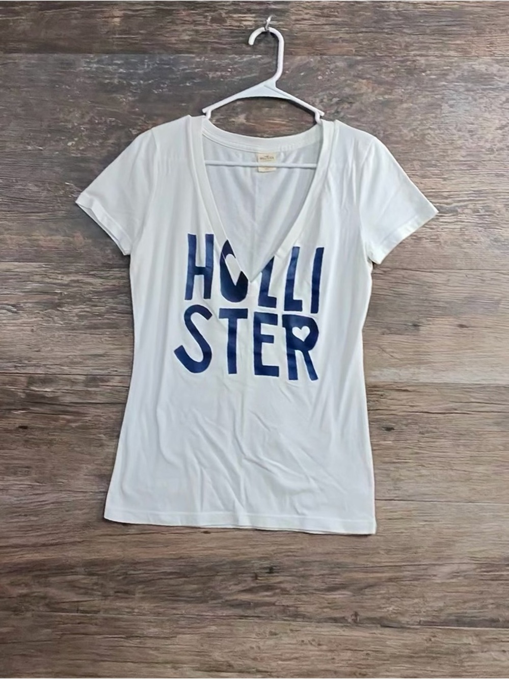 Hollister White V-Neck Logo Tee with Navy Lettering
